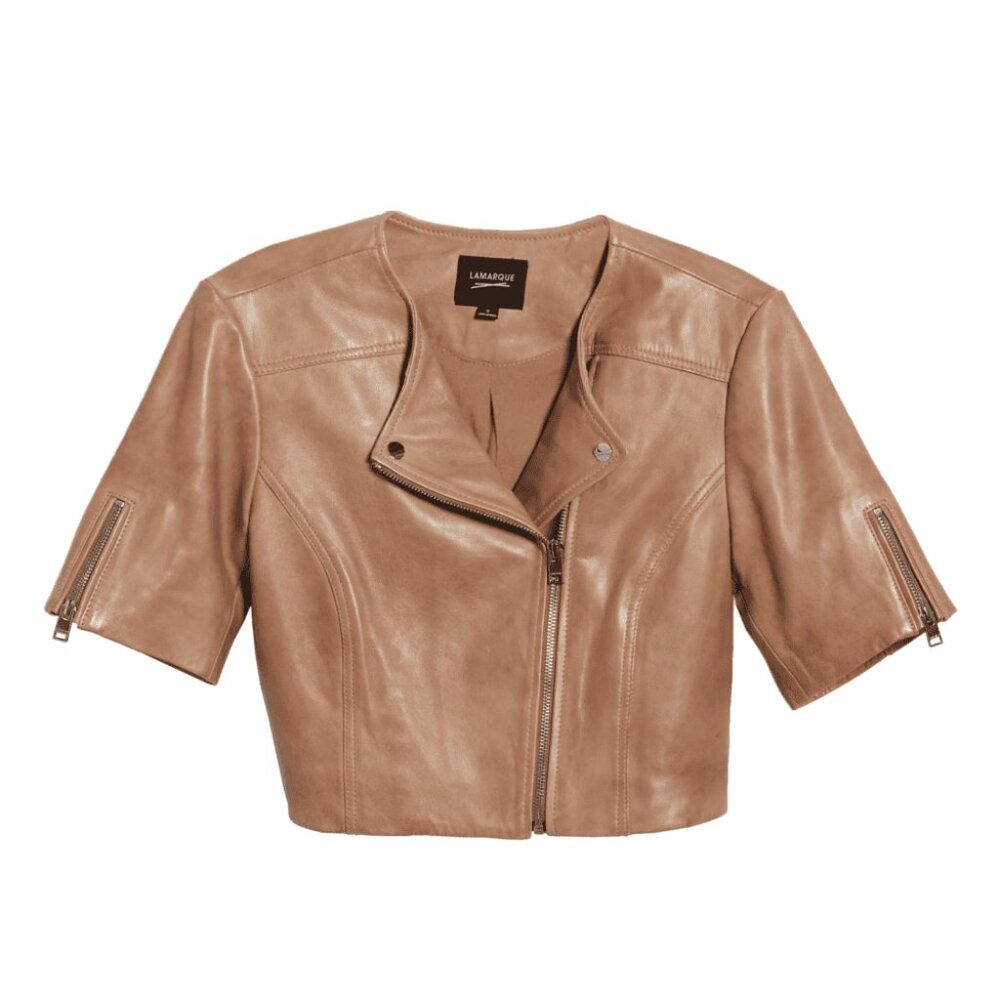 LAMARQUE Kirsi Leather Short Sleeve Moto Women's Jacket Camel Color NWT